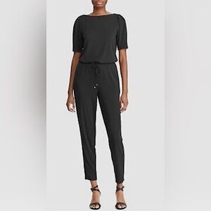 Lauren Ralph Lauren Black Soft Short Sleeve Jumpsuit, Elastic Waist & Pockets, M